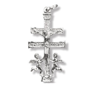Cruz de Caravaca en plata de ley con angeles y cristo en relieve