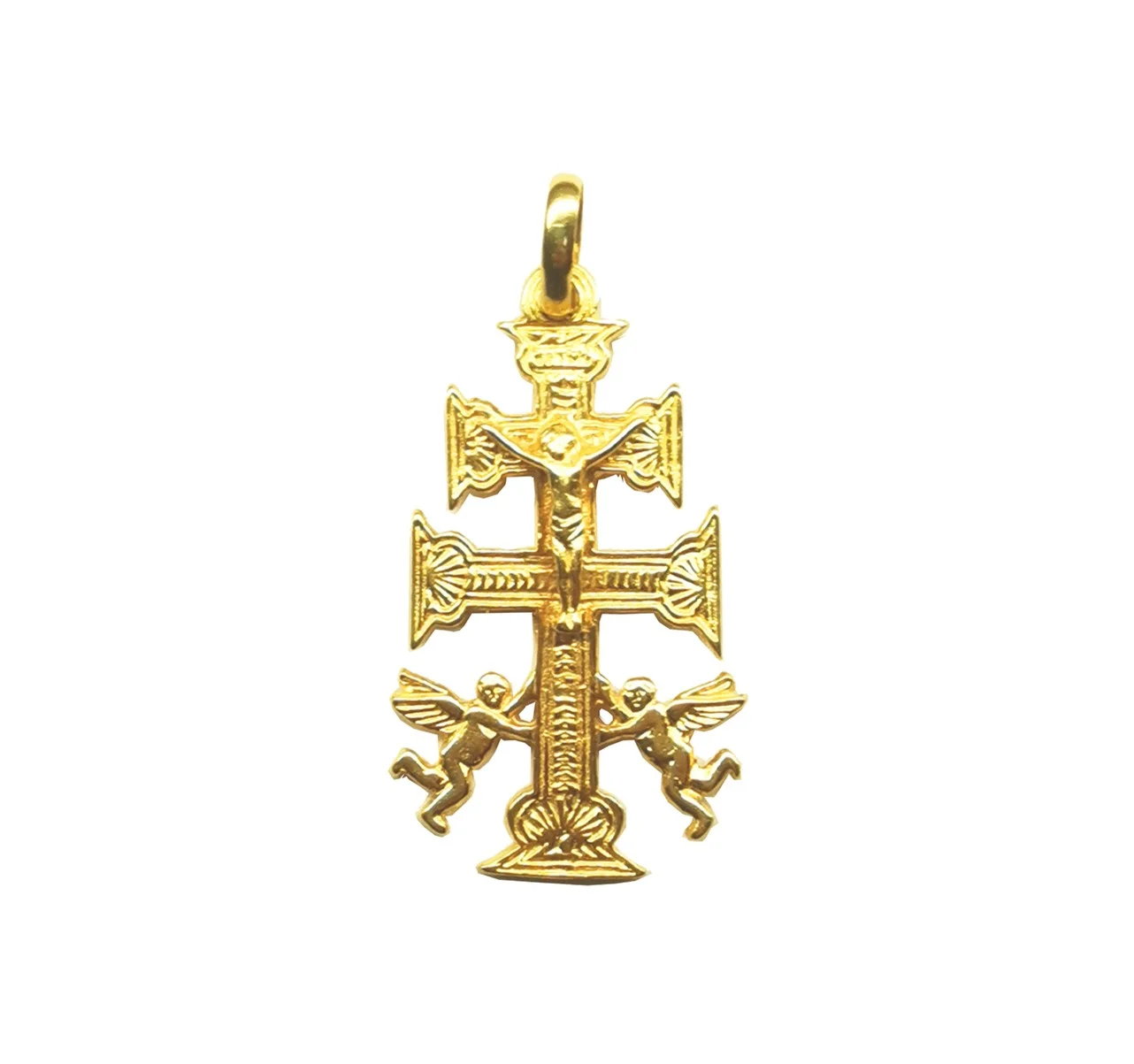 Cruz de Caravaca con ángeles en oro 18k