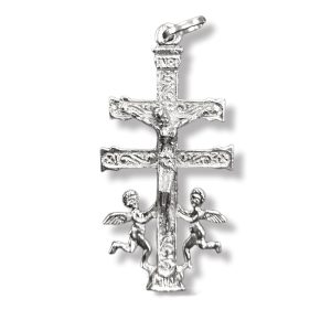 Cruz de Caravaca en plata de ley con angeles y cristo en relieve